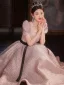 Chic / Beautiful Blushing Pink Sequins Bow Sash Prom Dresses 2024 A-Line / Princess Square Neckline Short Sleeve Backless Floor-Length / Long Prom Formal Dresses