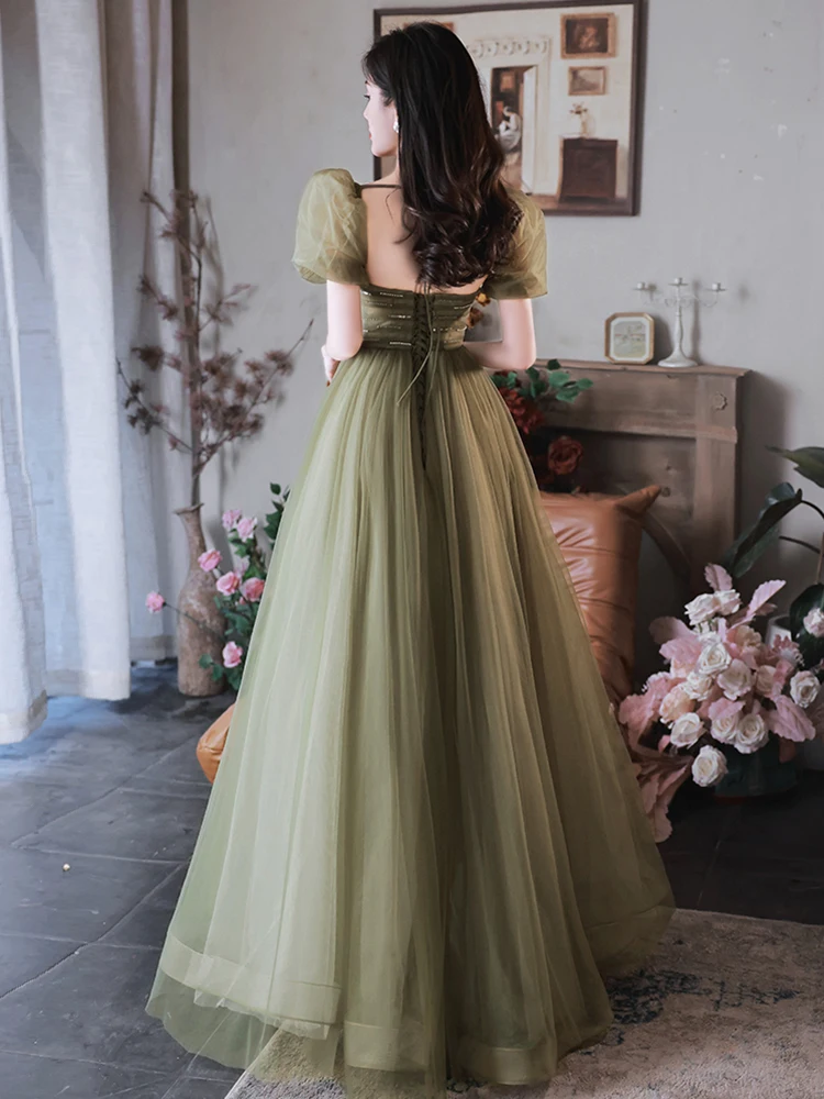Modest Simple Sage Green Prom Dresses A-Line Princess 2022 Square Neckline Sequins Puffy Modest Simple Sage Green Prom Dresses A-Line Princess 2022 Square Neckline Sequins Puffy
