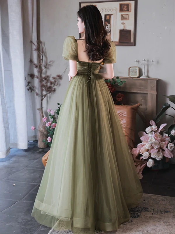 Modest Simple Sage Green Prom Dresses A-Line Princess 2022 Square Neckline Sequins Puffy