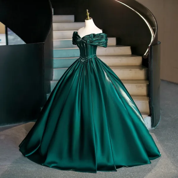 Vintage / Retro Dark Green Prom Dresses 2026 Ball Gown Off-The-Shoulder Short Sleeve Backless Floor-Length / Long Formal Dresses