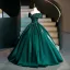 Vintage / Retro Dark Green Prom Dresses 2026 Ball Gown Off-The-Shoulder Short Sleeve Backless Floor-Length / Long Formal Dresses