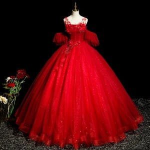 Elegant Red Beading Lace Flower Appliques Prom Dresses 2023 Ball Gown Spaghetti Straps Rhinestone Short Sleeve Backless Floor Length Long Prom Formal Dresses