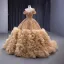 Luxe Champagne Fait main Perlage Perle Paillettes Volants en Cascade Robe De Bal 2023 Robe Boule Encolure Dégagée Manches Courtes Chapel Train Promo Robe De Ceremonie