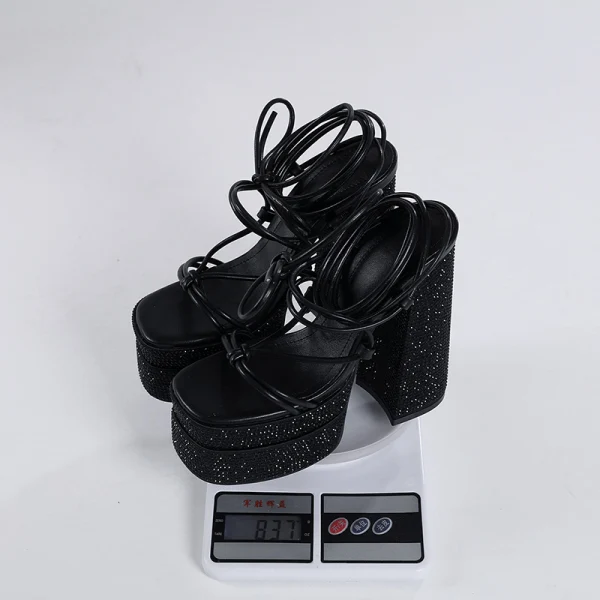 Römisch Schwarz Abend Sandalen Damen 2023 Knöchelriemen 14 cm Thick Heels Wasserdichte Peeptoes Sandaletten Hochhackige