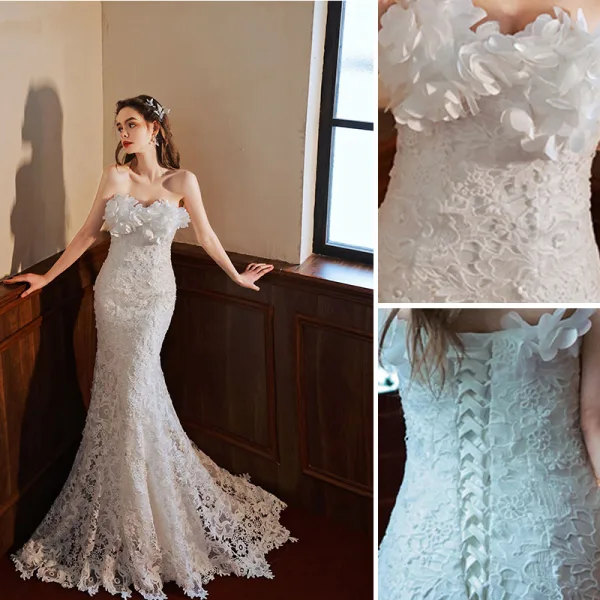 Charmant Ivoire Appliques En Dentelle Fleur Robe De Mariée 2022 Trompette / Sirène Bustier Sans Manches Dos Nu Longue Mariage