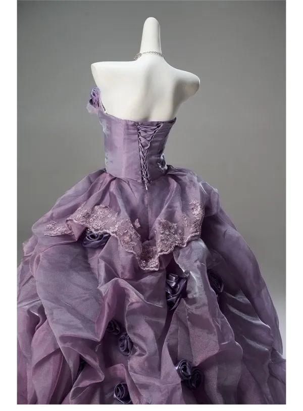 Luxury / Gorgeous Fashion Purple Pearl Lace Flower Appliques Ruffle Prom Dresses 2026 Ball Gown Strapless Sleeveless Backless Sweep Train