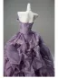 Luxury / Gorgeous Fashion Purple Pearl Lace Flower Appliques Ruffle Prom Dresses 2026 Ball Gown Strapless Sleeveless Backless Sweep Train