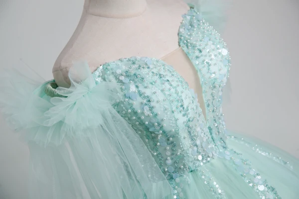 Elegant Sage Green Beading Pearl Sequins Prom Dresses Ball Gown 2023 Off-The-Shoulder Short Sleeve Backless Floor-Length / Long Prom Formal Dresses