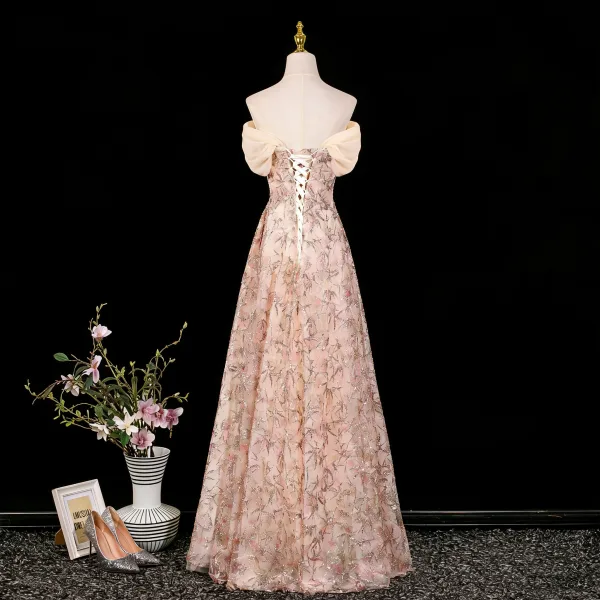 Schöne Rosa Spitze Blumen Abendkleider 2026 A Linie Bandeau Ärmellos Rückenfreies Lange Festliche Kleider