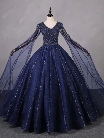 Vintage Originale Bleu Marine Perlage Paillettes Robe De Bal 2023 Robe Boule V Cou Sans Manches Dos Nu Longue Robe De Ceremonie