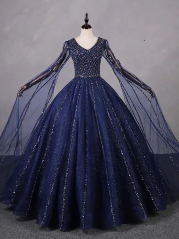 Vintage Originale Bleu Marine Perlage Paillettes Robe De Bal 2023 Robe Boule V Cou Sans Manches Dos Nu Longue Robe De Ceremonie