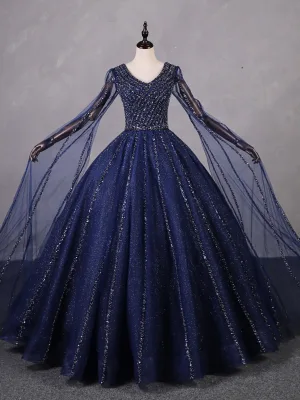 Vintage Marineblau Perlenstickerei Pailletten Ballkleider 2023 Ballkleid V Ausschnitt Ärmellos Rückenfreies Lange Festliche Kleider