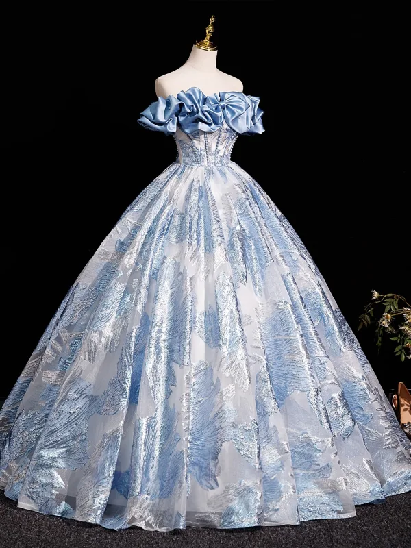 Elegant Sky Blue Glitter Pearl Printing Prom Dresses 2025 Ball Gown Off-The-Shoulder Sleeveless Backless Floor-Length / Long Prom Formal Dresses