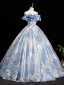 Elegant Sky Blue Glitter Pearl Printing Prom Dresses 2025 Ball Gown Off-The-Shoulder Sleeveless Backless Floor-Length / Long Prom Formal Dresses