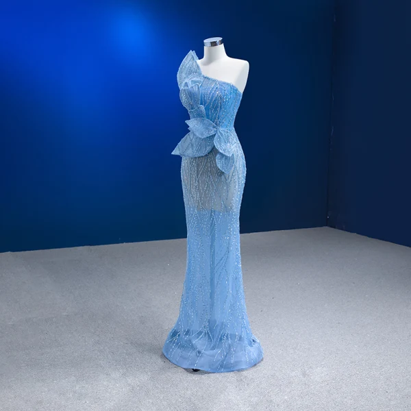 Sexy Sky Blue Beading Sequins Evening Dresses 2023 Trumpet / Mermaid Strapless Sleeveless Backless Floor-Length / Long Evening Party Formal Dresses