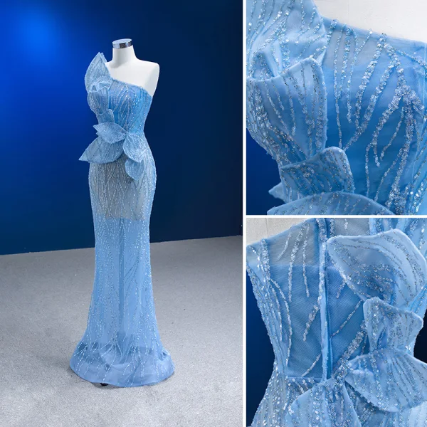 Sexy Sky Blue Beading Sequins Evening Dresses 2023 Trumpet / Mermaid Strapless Sleeveless Backless Floor-Length / Long Evening Party Formal Dresses