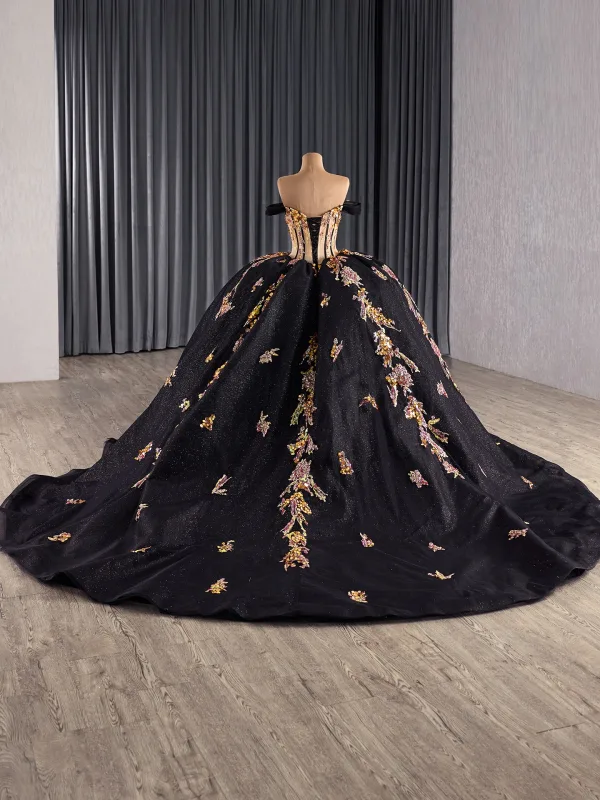 Haut de Gamme Noire Fait main Perlage Paillettes Quinceañera Robe De Bal 2025 Robe Boule De l'épaule 1/2 Manches Dos Nu Tribunal Train Robe De Ceremonie