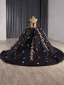 Haut de Gamme Noire Fait main Perlage Paillettes Quinceañera Robe De Bal 2025 Robe Boule De l'épaule 1/2 Manches Dos Nu Tribunal Train Robe De Ceremonie