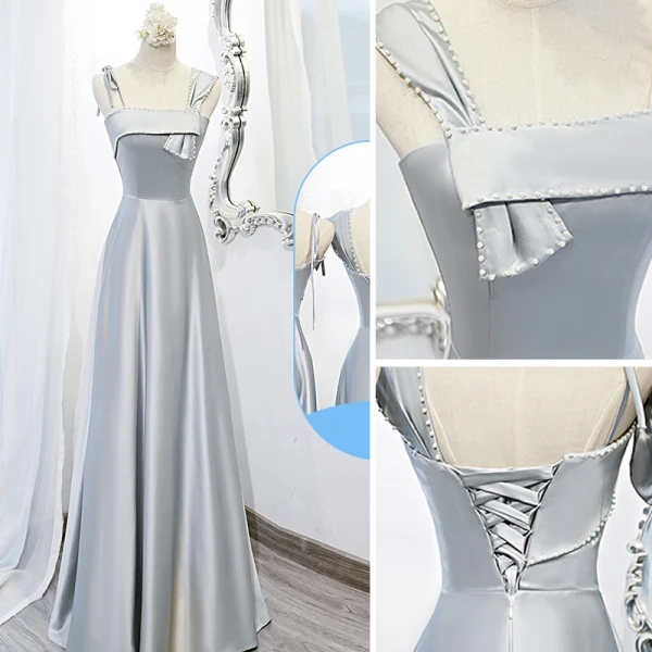 Modest / Simple Silver Grey Satin Bridesmaid Dresses 2022 A-Line / Princess Short Sleeve Backless Floor-Length / Long Wedding Party Dresses