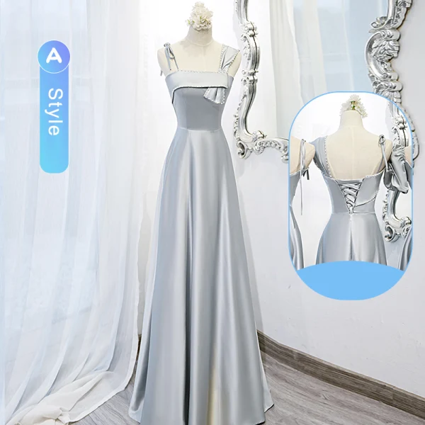 Modest / Simple Silver Grey Satin Bridesmaid Dresses 2022 A-Line / Princess Short Sleeve Backless Floor-Length / Long Wedding Party Dresses