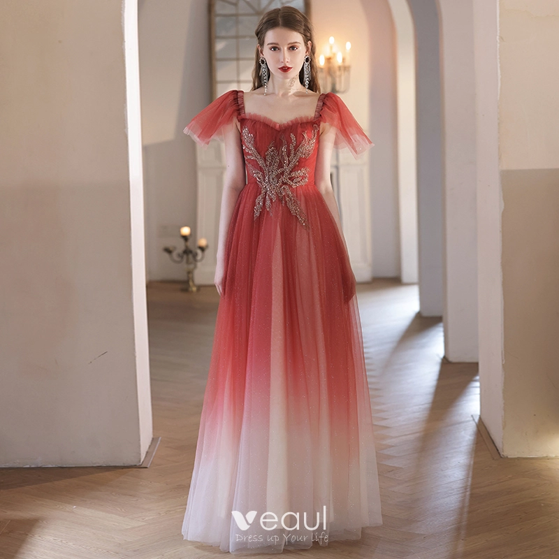 burgundy striped dress shirt Burgundy round neck tulle beads long prom dress, burgundy evening dres –  dresstby