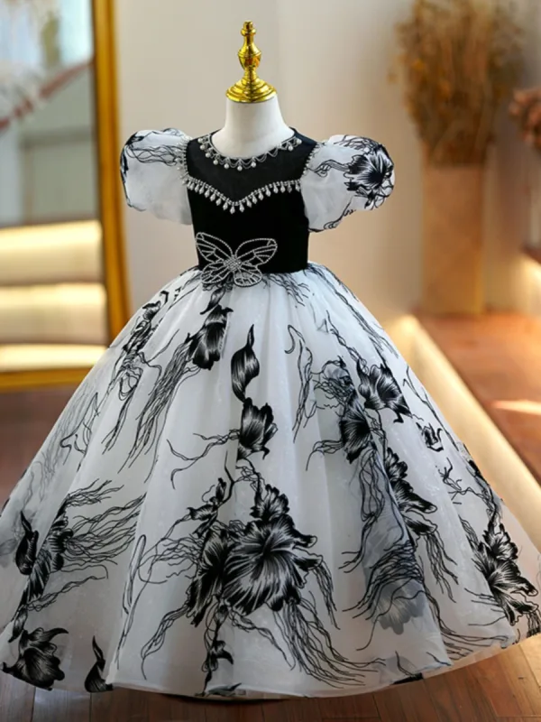Chic / Beautiful Black Pearl Rhinestone Birthday Flower Girl Dresses 2023 Ball Gown Scoop Neck Puffy Short Sleeve Floor-Length / Long