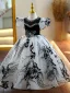 Chic / Beautiful Black Pearl Rhinestone Birthday Flower Girl Dresses 2023 Ball Gown Scoop Neck Puffy Short Sleeve Floor-Length / Long