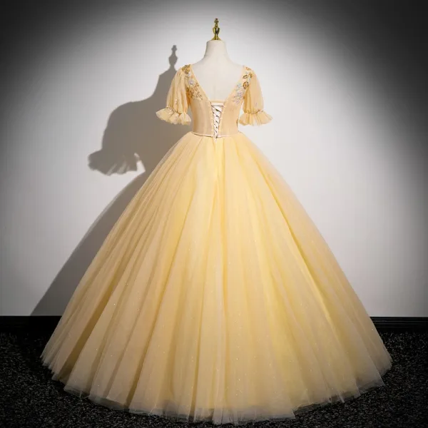 Élégant Champagne Perlage Paillettes Robe De Bal 2024 Robe Boule Encolure Carrée Manches Courtes Dos Nu Longue Promo Robe De Ceremonie