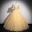 Élégant Champagne Perlage Paillettes Robe De Bal 2024 Robe Boule Encolure Carrée Manches Courtes Dos Nu Longue Promo Robe De Ceremonie