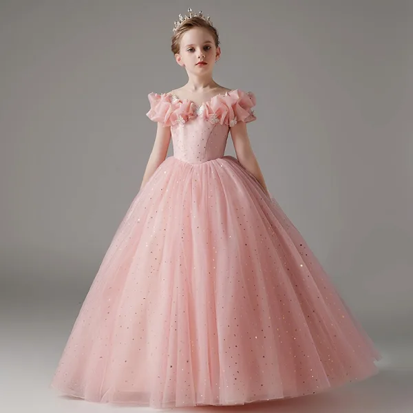 Chic / Beautiful Blushing Pink Lace Butterfly Sequins Birthday Flower Girl Dresses 2024 Ball Gown Scoop Neck Short Sleeve Floor-Length / Long Tulle