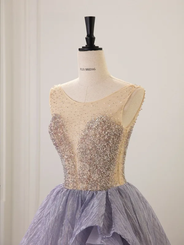 Bling Bling Lavender Sequins Prom Dresses 2025 Ball Gown V-Neck Puffy Short Sleeve Backless Floor-Length / Long Formal Dresses