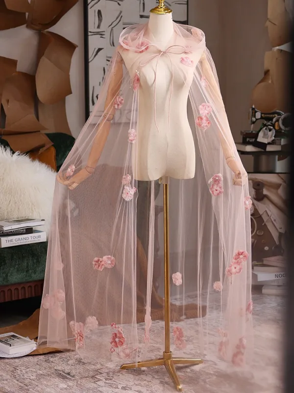 Lovely Blushing Pink Handmade  Appliques Prom shawl cloak 2025 Tulle