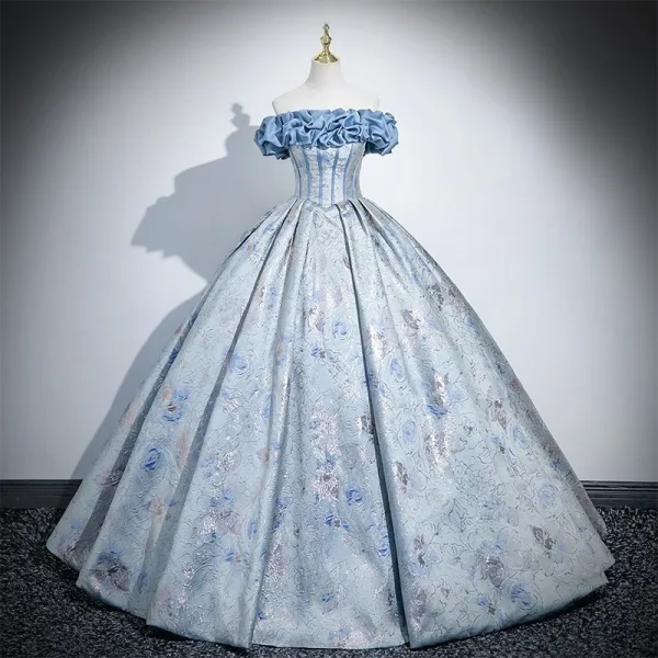 Elegant Sky Blue Printing Prom Dresses 2025 Ball Gown Off-The-Shoulder Short Sleeve Backless Floor-Length / Long Formal Dresses