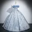 Elegant Sky Blue Printing Prom Dresses 2025 Ball Gown Off-The-Shoulder Short Sleeve Backless Floor-Length / Long Formal Dresses