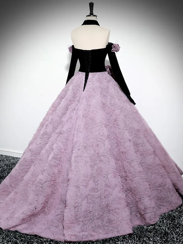 Audrey Hepburn Style Lavender Appliques Prom Dresses 2024 Ball Gown Off-The-Shoulder Long Sleeve Backless Sweep Train Prom Formal Dresses