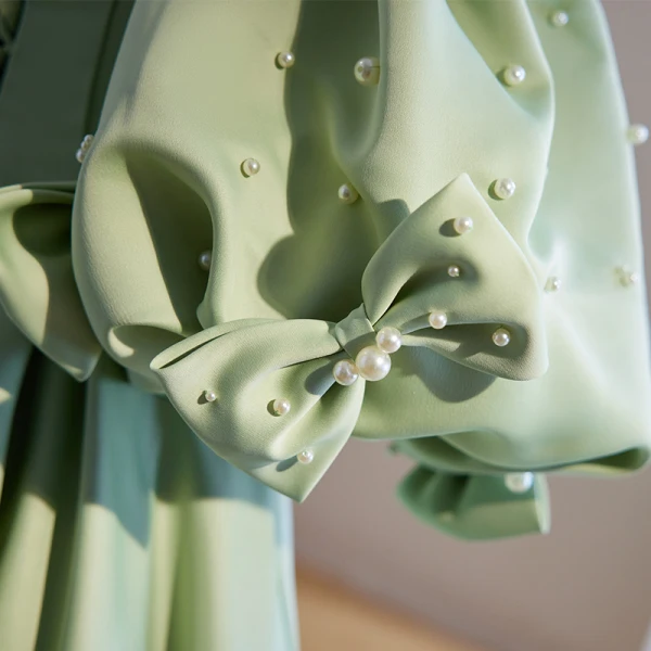 Elegant Sage Green Satin Prom Dresses 2023 A-Line / Princess Scoop Neck Puffy Short Sleeve Pearl Bow Floor-Length / Long Prom Formal Dresses