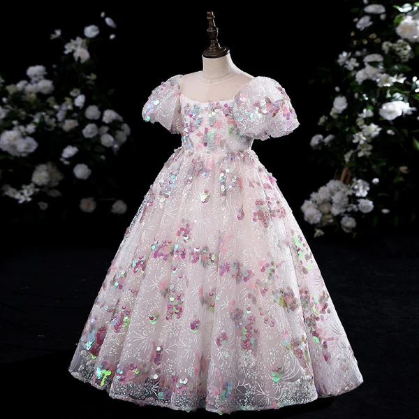 Bling Bling Blushing Pink Beading Sequins Lace Flower Birthday Flower Girl Dresses 2024 Ball Gown Scoop Neck Puffy Short Sleeve Floor-Length / Long