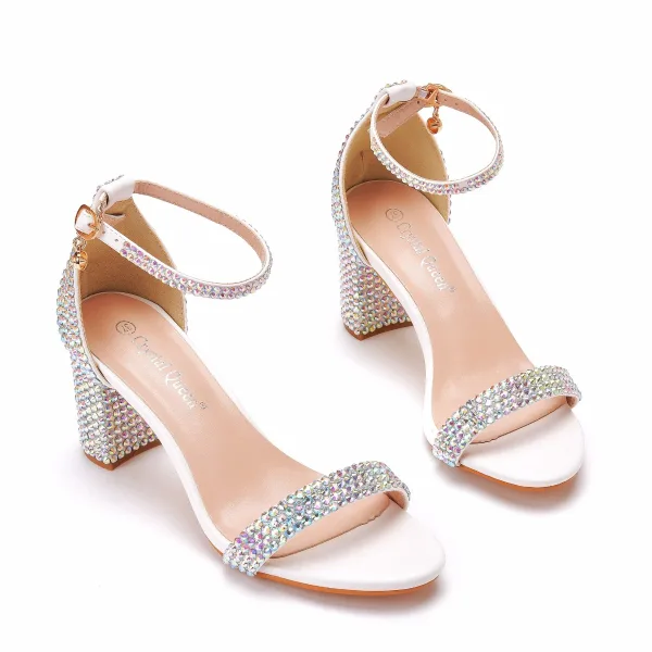 Seksowne Multi-Kolory Rhinestone Buty Ślubne 2022 Z Paskiem 7 cm Grubym Obcasie Peep Toe Ślub Sandały Wysokie Obcasy