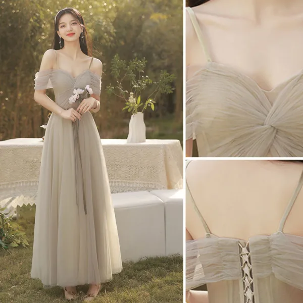 Modest Simple Grey Bridesmaid Dresses 2022 A-Line Princess Short Sleeve Backless Long