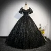Chic / Beautiful Black Beading Sequins Prom Dresses 2023 Ball Gown Square Neckline Short Sleeve Backless Floor-Length / Long Prom Formal Dresses