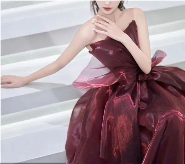Fashion Burgundy Bow Prom Dresses 2025 A-Line / Princess Strapless Sleeveless Backless Floor-Length / Long Prom Formal Dresses