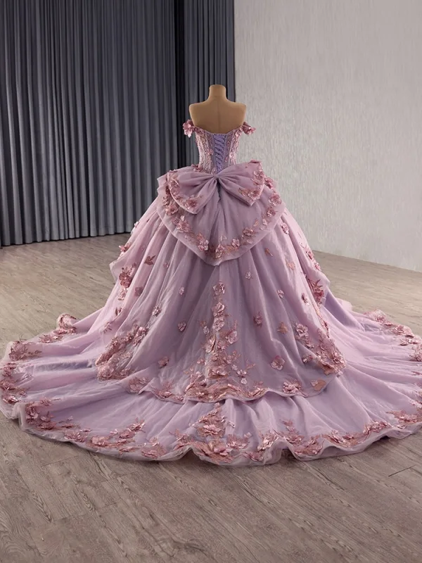 Luxury / Gorgeous Flower Fairy Purple Handmade  Beading Pearl Sequins Lace Flower Appliques Prom Dresses 2025 Ball Gown Off-The-Shoulder Sleeveless