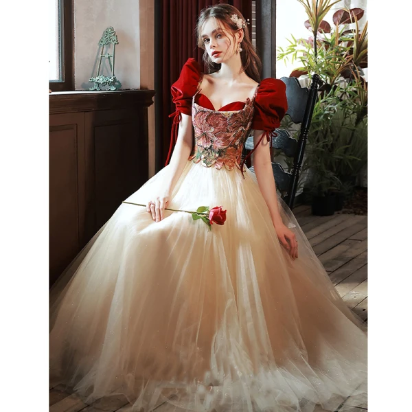 Elegant Burgundy Prom Dresses 2022 A-Line / Princess Square Neckline Beading Puffy Short Sleeve Backless Bow Floor-Length / Long Prom Formal Dresses