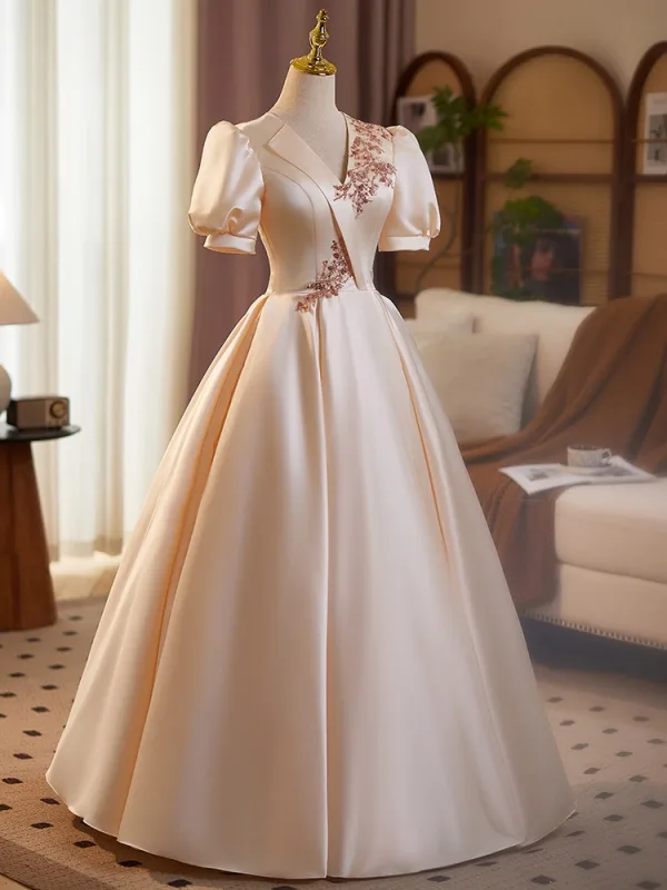 Elegant Champagne Sequins Satin Prom Dresses 2025 Ball Gown V-Neck Short Sleeve Backless Floor-Length / Long Prom Formal Dresses