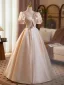 Elegant Champagne Sequins Satin Prom Dresses 2025 Ball Gown V-Neck Short Sleeve Backless Floor-Length / Long Prom Formal Dresses