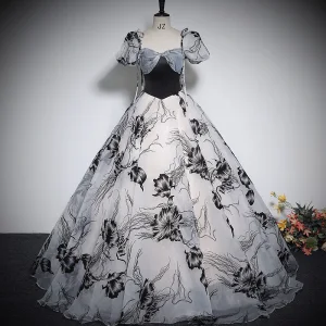 Élégant Noire Impression Robe De Bal 2023 Robe Boule Encolure Carrée Gonflée Manches Courtes Dos Nu Noeud Longue Promo Robe De Ceremonie