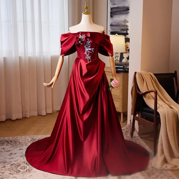 Off The Shoulder Burgundy Sequin Satin A Line Prom Dress Off The Shoulder Burgundy Sequin Satin A Line Prom Dress