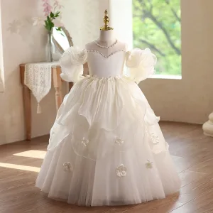 Éthéré Champagne Perlage Appliques Anniversaire Volants En Cascade Robe Ceremonie Fille 2026 Robe Boule De L Épaule Gonflée Manches Courtes Dos Nu Tulle