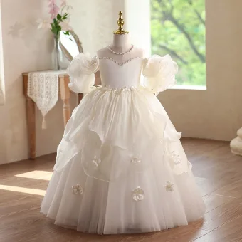 Ethereal Champagne Beading Appliques Birthday Cascading Ruffles Flower Girl Dresses 2026 Ball Gown Off The Shoulder Puffy Short Sleeve Backless Tulle