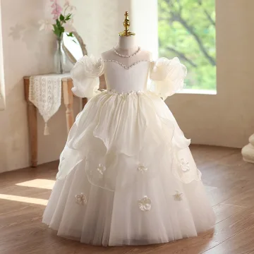Ethereal Champagne Beading Appliques Birthday Cascading Ruffles Flower Girl Dresses 2026 Ball Gown Off The Shoulder Puffy Short Sleeve Backless Tulle